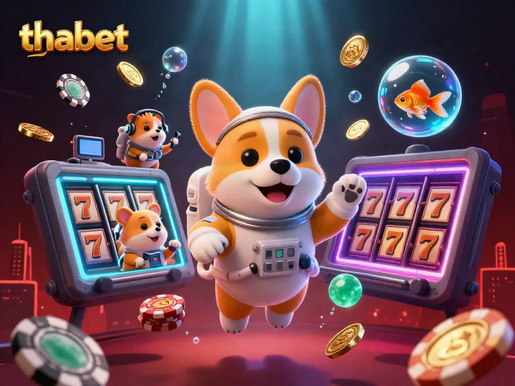 Experience thrilling games at thabet as an astronaut corgi explores a vibrant space casino.
