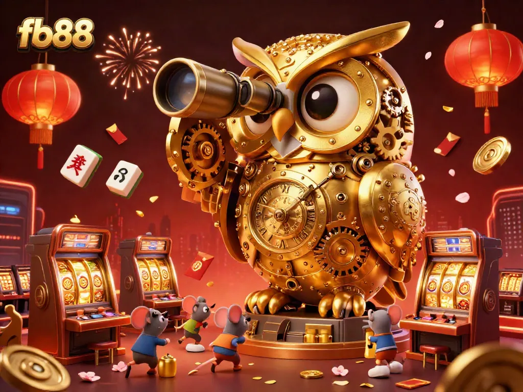 Engage with the exciting world of fb88's casino, featuring a golden clockwork owl and festive elements.
