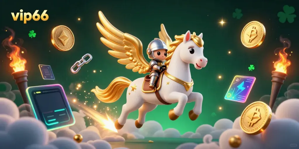 Experience the excitement of vip66 casino with a knight on a winged horse through a vibrant gaming world.