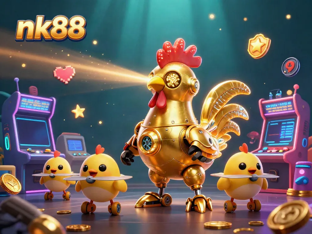 Betting strategy in action with nk88, highlighted by a retro-futuristic golden rooster robot and interactive game elements.