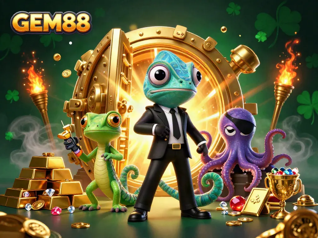 GEM88 agents strategize amidst golden treasures in an exciting online casino scene.