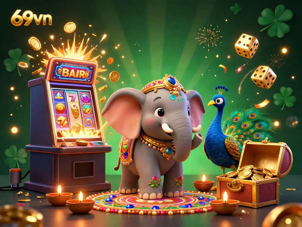 Experience the vibrant world of 69vn with a lively illustration of a Diwali-themed elephant and dynamic casino elements, showcasing game excitement.