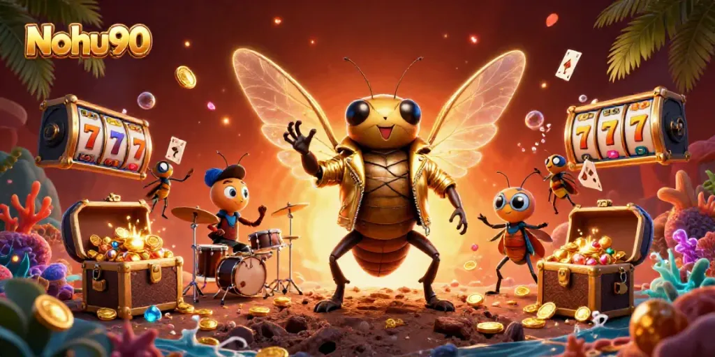 Nohu90 presents a vibrant 3D cartoon scene with a cicada rock star and golden jackpots, illustrating excitement.