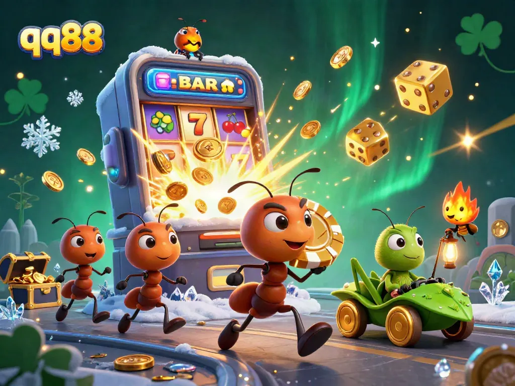 Engage with qq88 as cartoon ants execute a heist, surrounded by lively slot machine chaos.