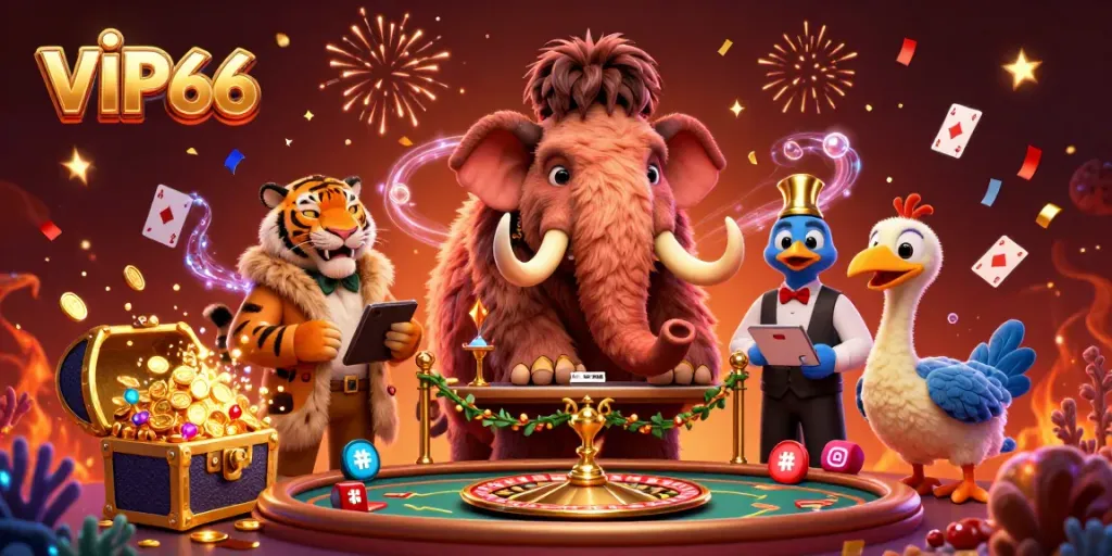VIP66 casino scene with a woolly mammoth bouncer and a saber-tooth tiger guest amidst festival decorations