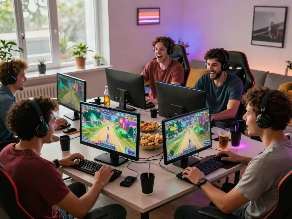 Exciting gaming scene with friends enjoying a console game at https://manclub1.jp.net/.