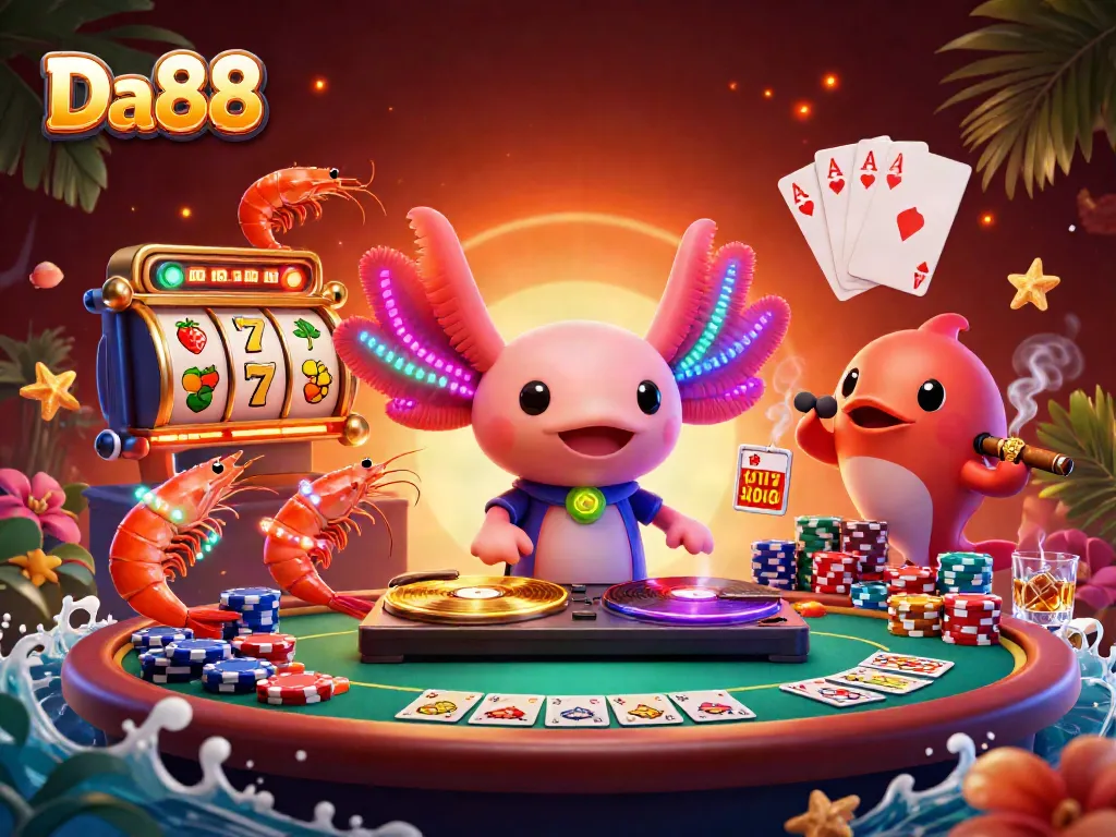 Experience the vibrant thrills at Da88 with a neon-colored axolotl DJ spinning winning slots and poker.