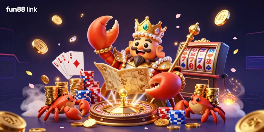 Experience the fun88 link with a vibrant crab emperor in a dynamic casino scene filled with golden coins and treasures.