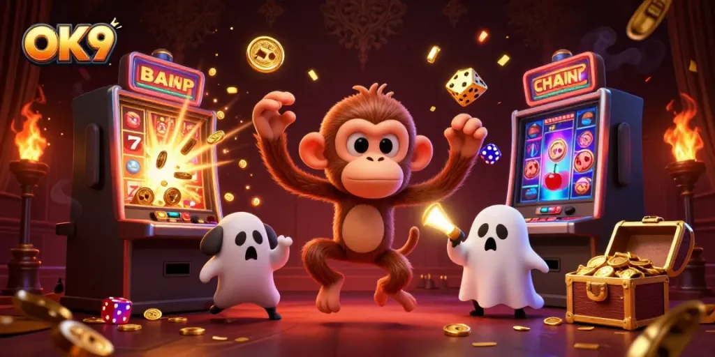 Experience the excitement at OK9 as a mischievous poltergeist monkey juggles casino treasures in a vibrant scene.