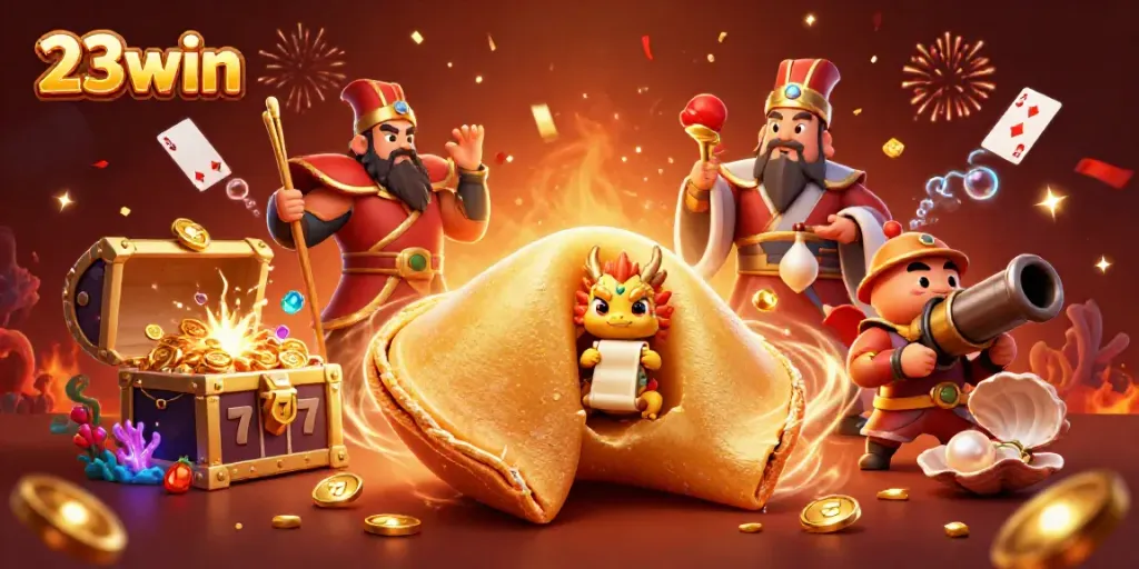Experience the excitement of 23win with its vibrant casino scene, featuring a golden fortune cookie, dragon, and floating slot symbols.