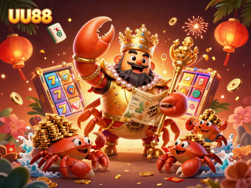 Experience the excitement of UU88 with the golden crab emperor surrounded by vibrant casino elements.