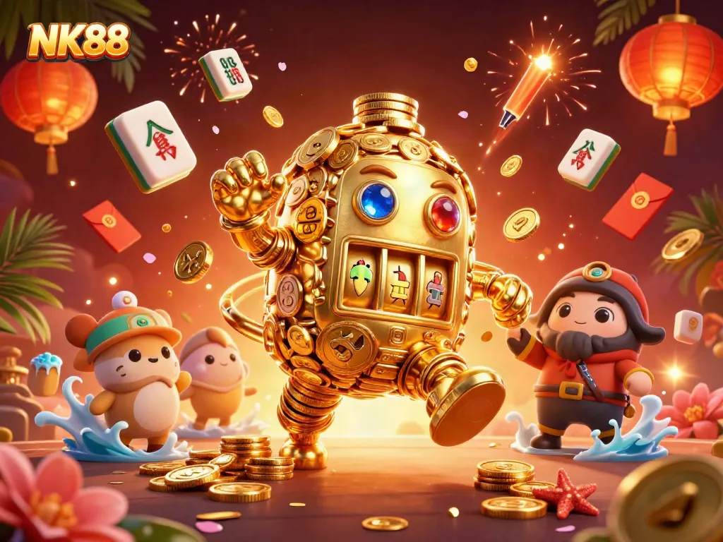 Spin through the exciting world of NK88 with golden golem treasures and vibrant casino elements.