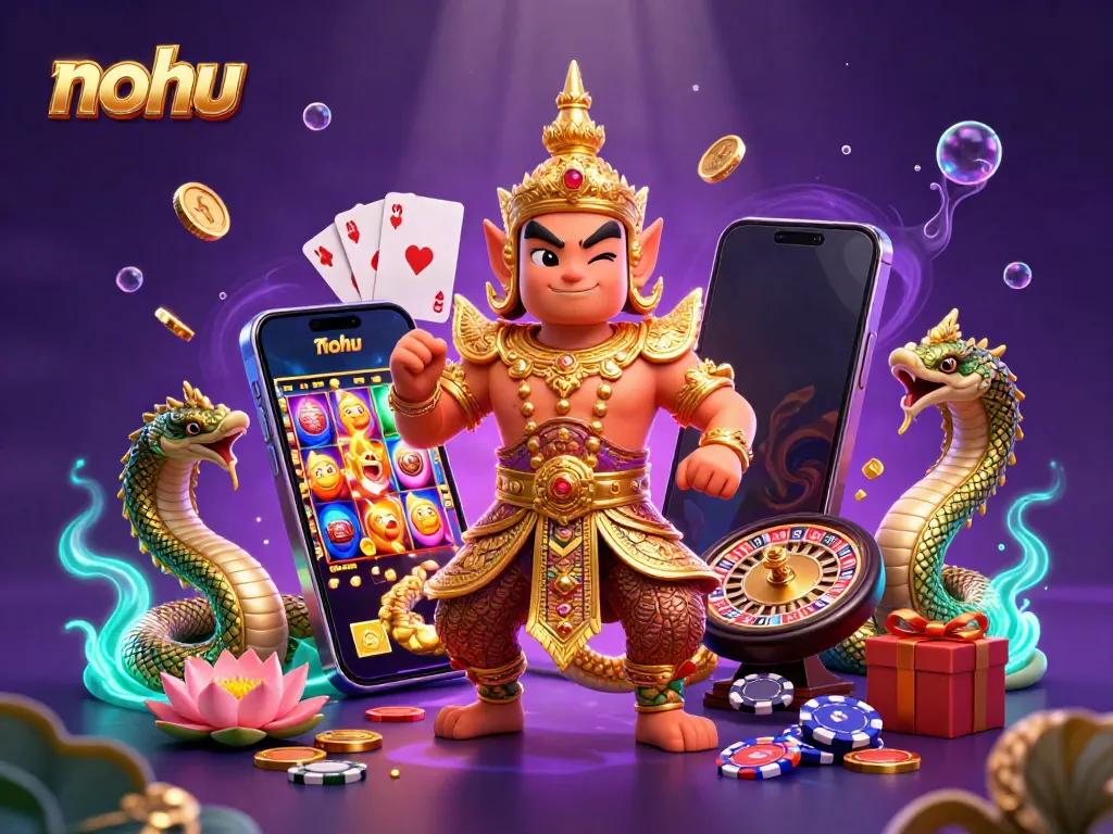 Nohu offers engaging gambling experiences with a dynamic 3D illustration of a cartoon yaksha and interactive slot game elements.