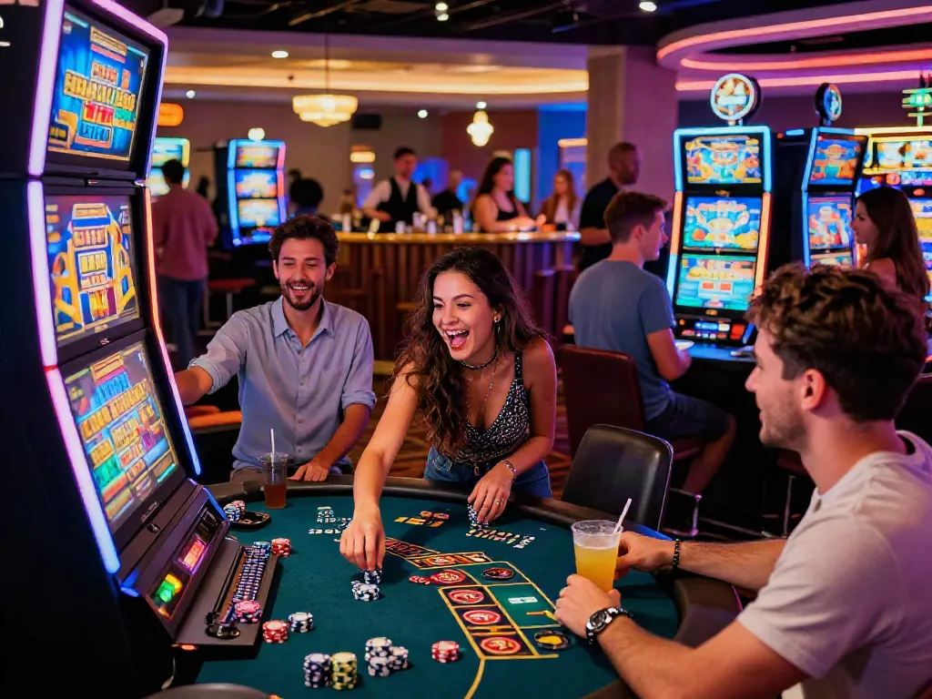 Diverse players enjoying the atmosphere of a bonus sans depot casino during a lively game night.