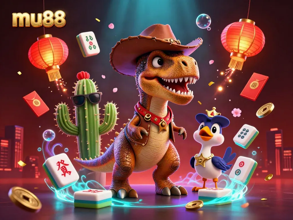 Experience exhilarating fun with mu88 as a dinosaur cowboy and friends engage in vibrant gambling activities.