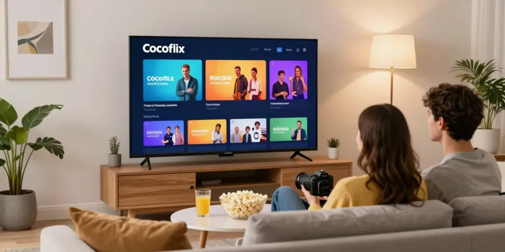 A couple enjoying Cocoflix streaming movies in a cozy living room.