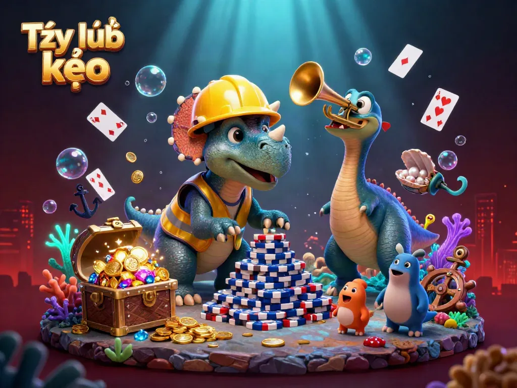Engage with Tỷ lệ kèo as triceratops builds poker chip pyramid in lively casino scene.