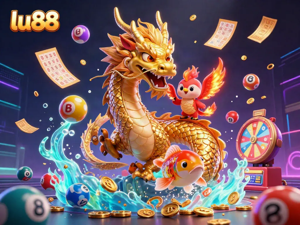 Engage in exhilarating gameplay at lu88, featuring a vibrant dragon and phoenix amidst a rush of colorful lottery elements.