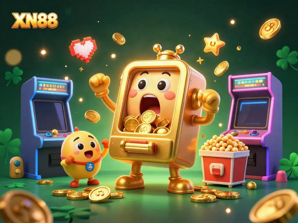 XN88's golden slot machine wins big, pouring coins with joy in a festive gaming scene.