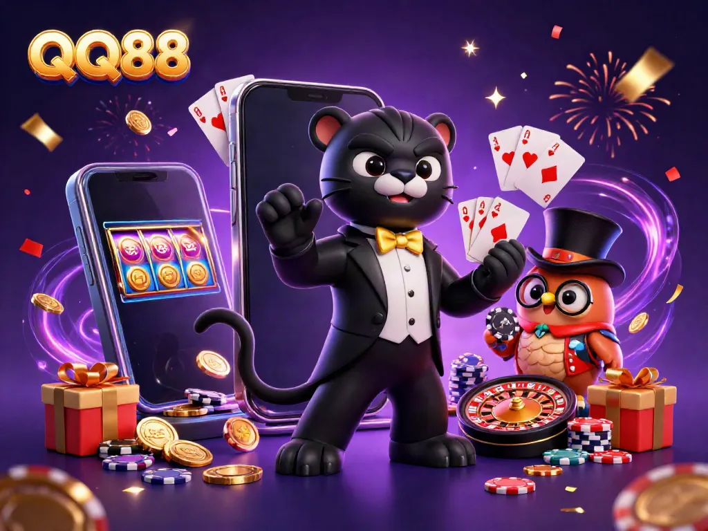 Experience exciting casino action at QQ88 with vibrant character interaction and thrilling game elements.