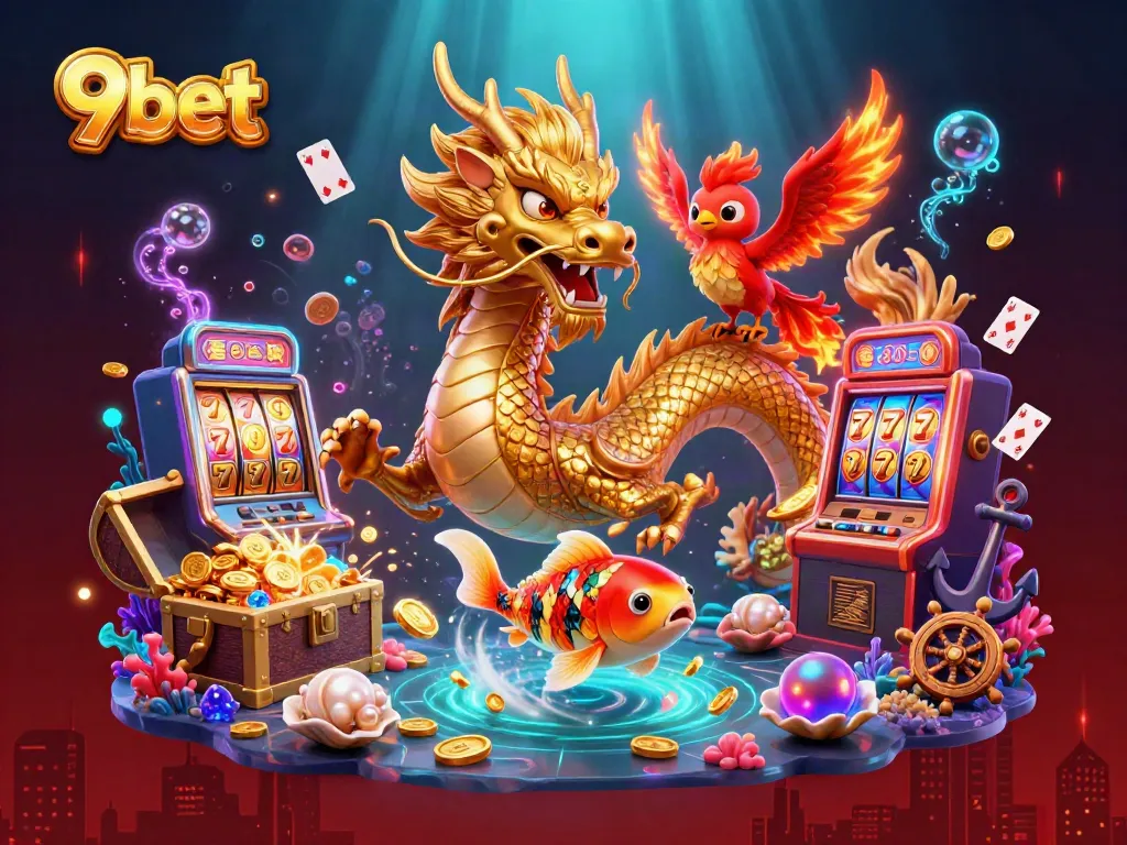 Engage with the exciting world of 9bet featuring a vibrant 3D dragon, phoenix, and koi fish amidst casino elements.