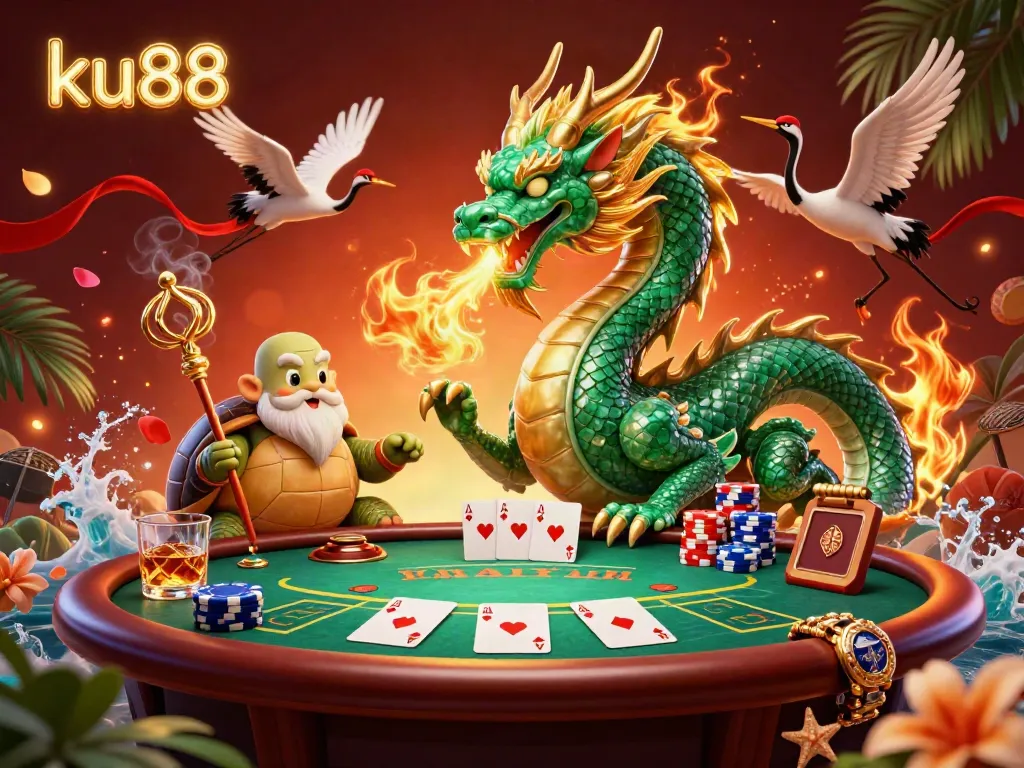 Experience the thrilling excitement of ku88 with a vibrant casino scene featuring a dragon, turtle sage, and lucky cranes.