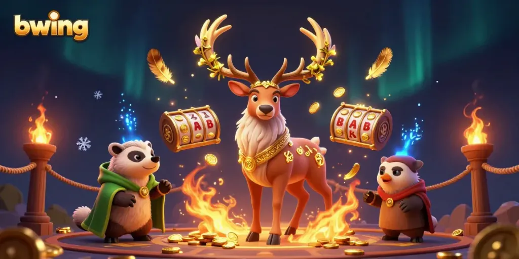 Join the excitement at bwing with a whimsical 3D illustration of a druid stag, badger, and vibrant casino elements.