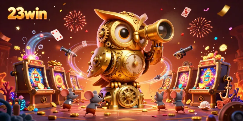 Experience the excitement of 23win with a lively casino scene featuring playful animated characters and dynamic elements.