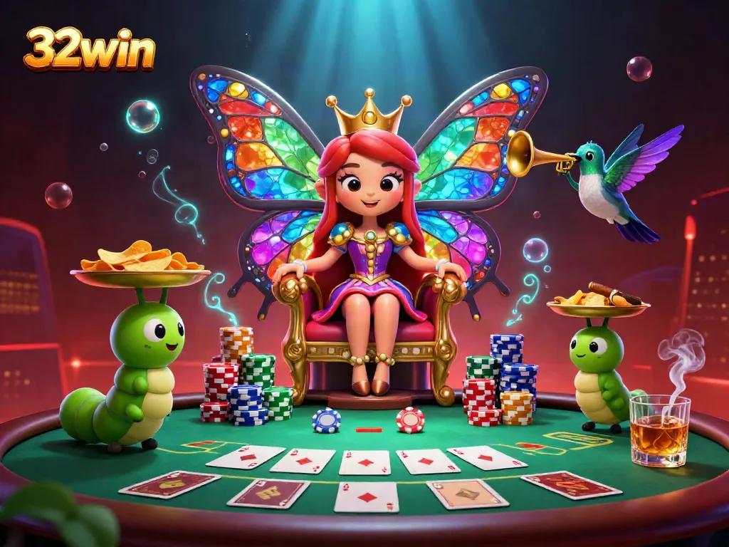 Experience the vibrant world of 32win with a fantastical butterfly queen amidst poker elements.