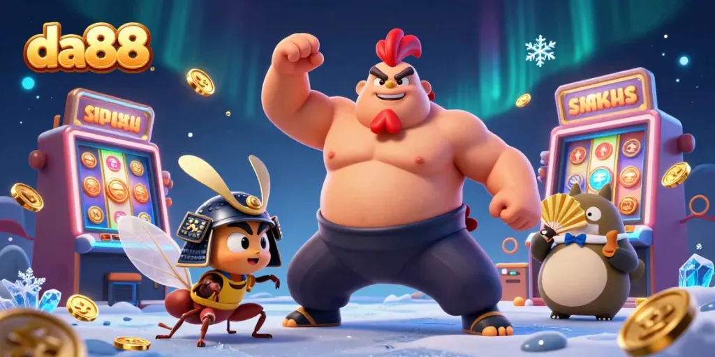 Spin the reels at da88 with a sumo wrestler and samurai cricket in a vibrant casino scene.