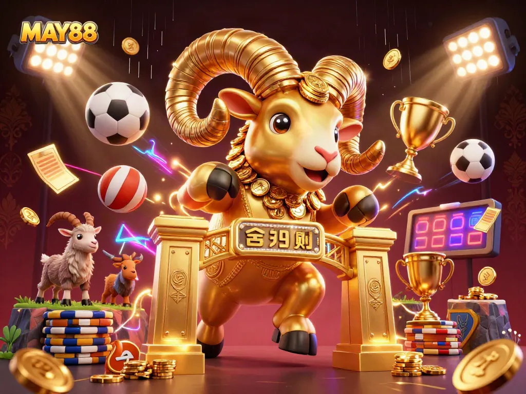MAY88 showcases a golden ram charging through a casino, surrounded by sports elements and coins.