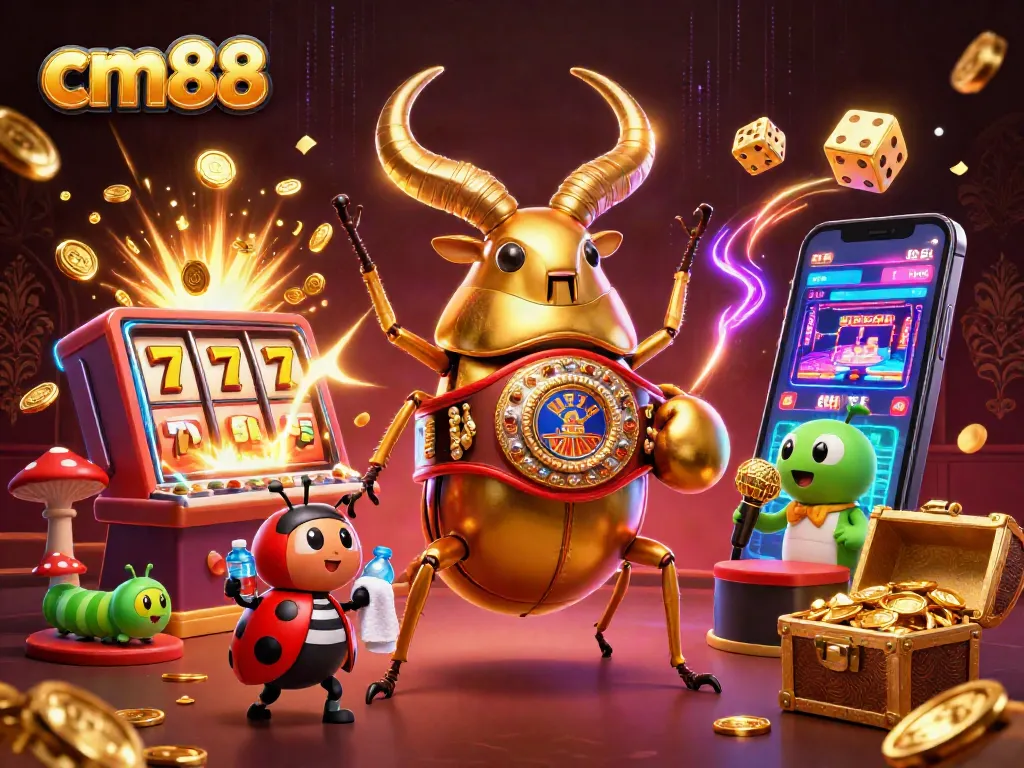 Experience excitement with cm88's dynamic scene featuring a golden stag beetle in a casino environment.