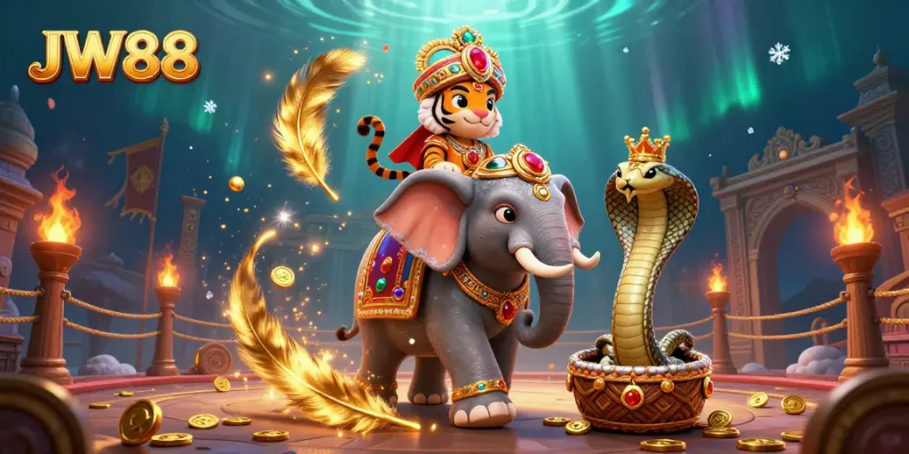Experience the thrilling world of JW88 with a vibrant, dynamic scene featuring a maharaja tiger and gaming elements.