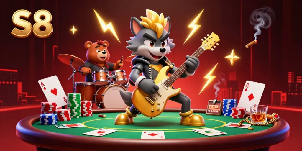 Experience the thrill of S8 with a vibrant casino scene featuring a rock star wolf and a drummer bear amidst lively poker action.