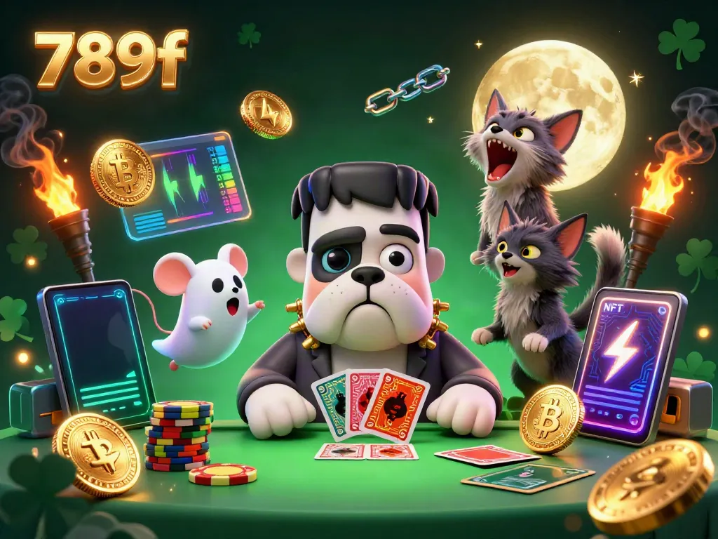 Join the thrilling game of 789f as a Frankenstein bulldog dealer shuffles cards, with vibrant NFT and cryptocurrency elements around.
