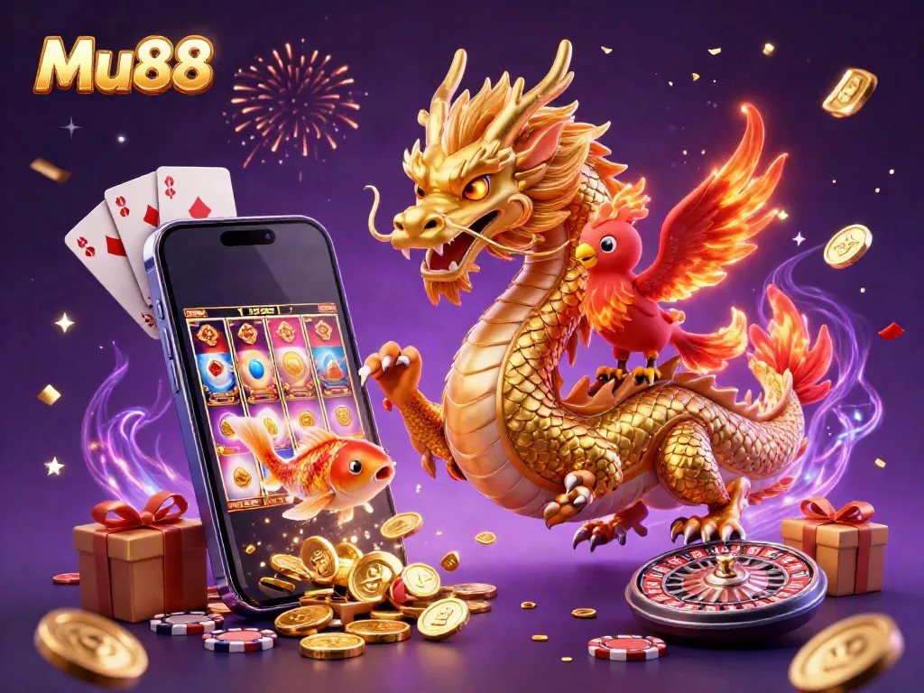 Experience the thrill of Mu88 with a vibrant dragon and phoenix scene celebrating casino fun.