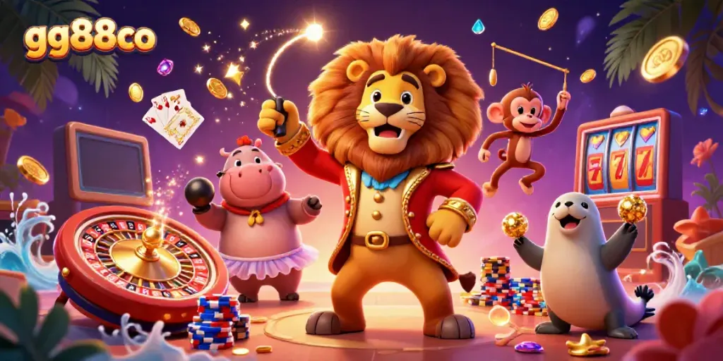 Experience the thrill of gg88co with a vibrant casino scene featuring animated circus characters.