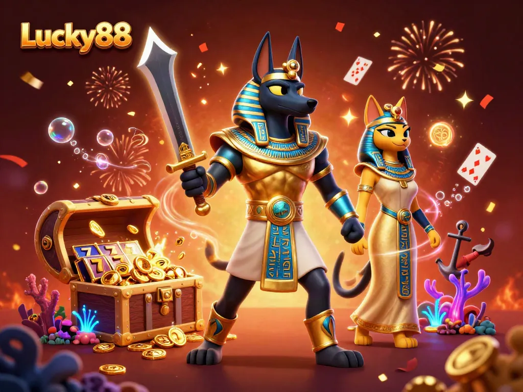 Experience the vibrant excitement of Lucky88 slots with Anubis and Bastet in this explosive casino scene.
