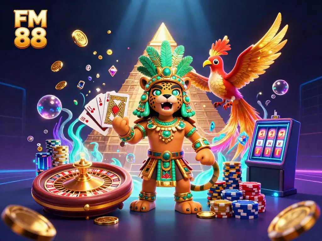 Experience the thrill of FM 88 with vibrant games and rich rewards in this stunning casino scene.