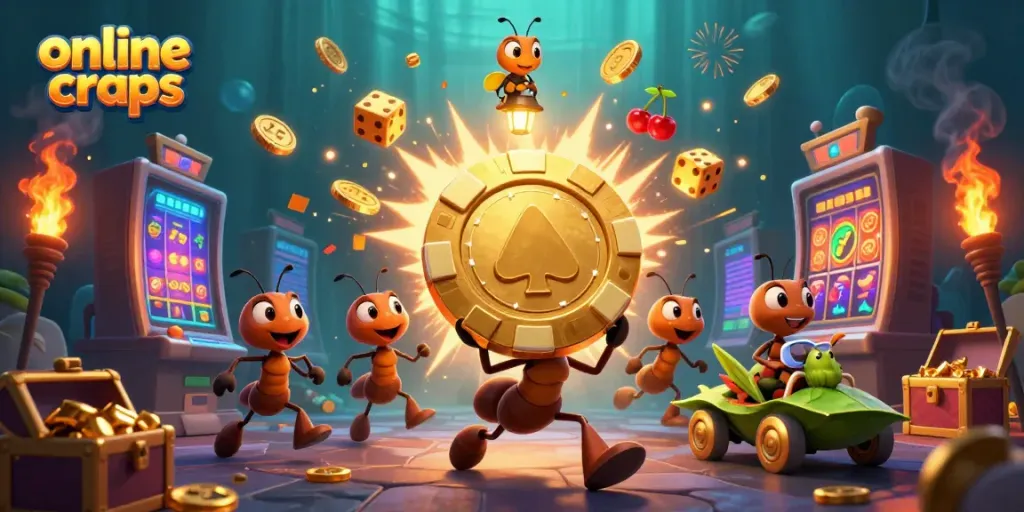 Engage in online craps with a whimsical 3D scene featuring ants on a heist.