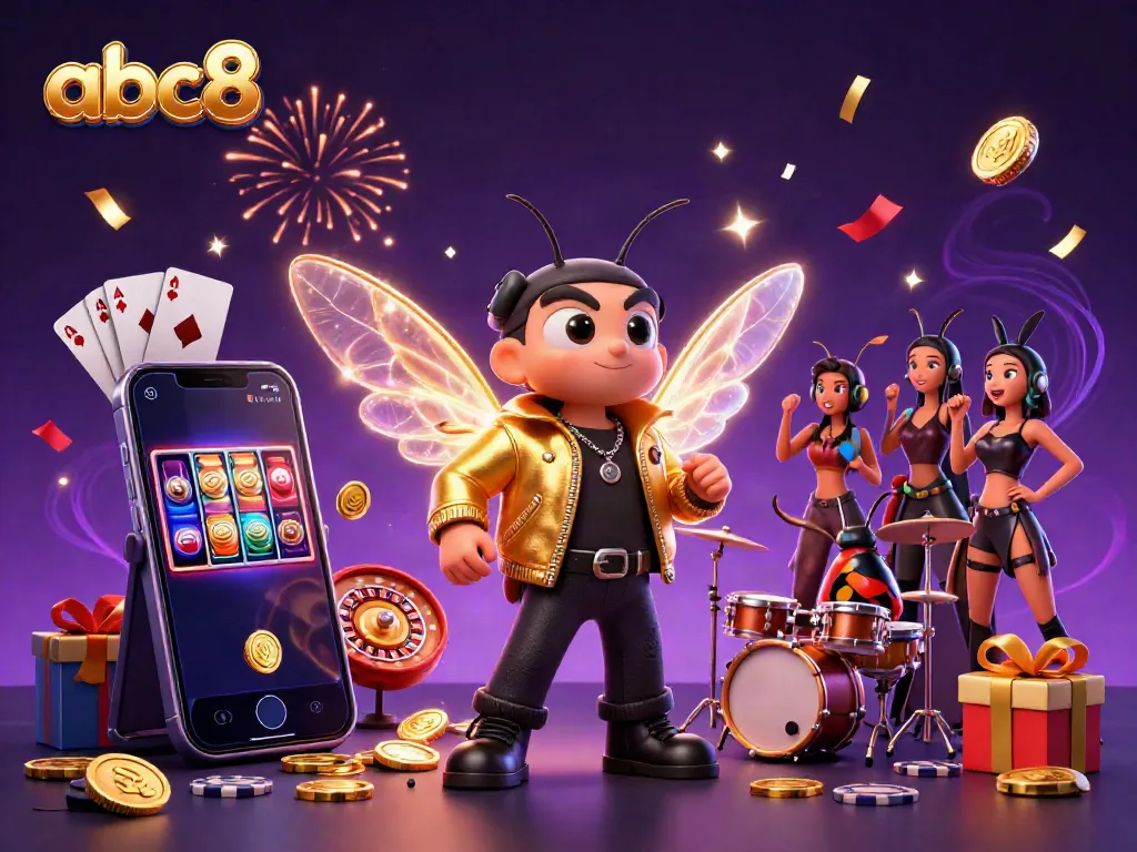 Spin to win with abc8, featuring vibrant 3D characters and casino elements in a magical setting.