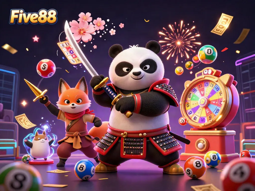 Five88 lottery and gaming illustration featuring vibrant elements like lottery balls and bingo cards.