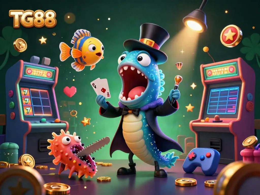 Engaging TG88 casino illustration with a bioluminescent eel magician, anglerfish spotlight, and colorful slot reels.