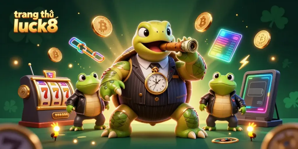 Engage with "trang chủ luck8" in a dynamic casino scene featuring a turtle in mobster attire and frog enforcers.