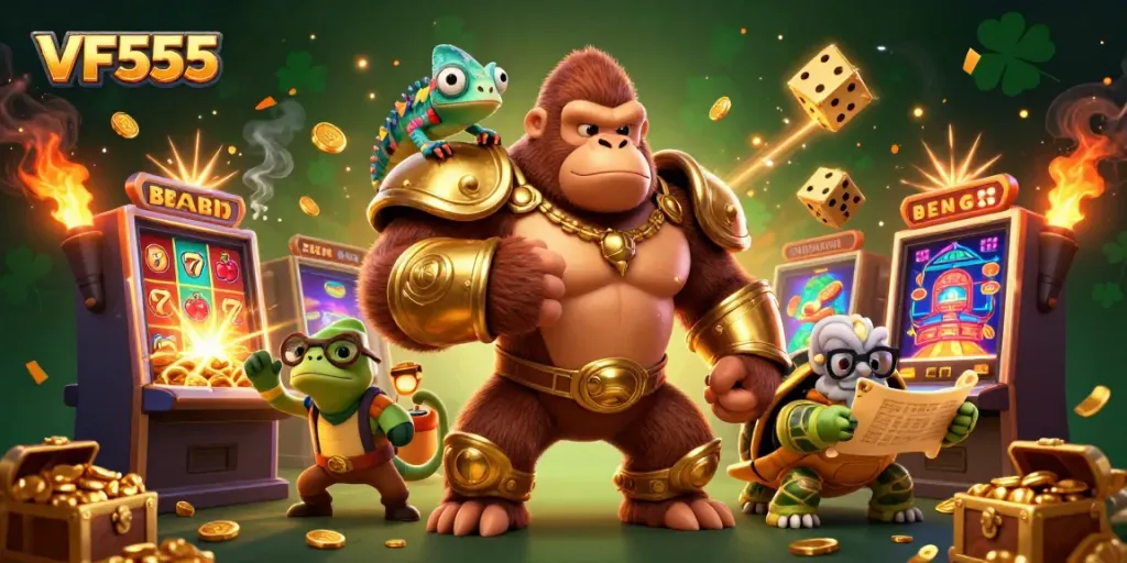 Experience thrilling wins at VF555 casino with a powerful gorilla king and vibrant gaming elements.