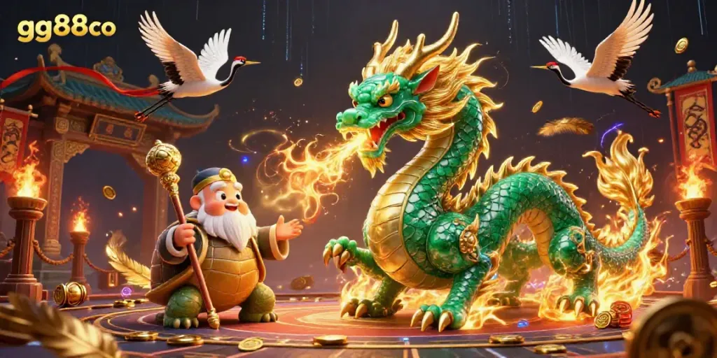 Experience the thrill of gg88co with a vibrant dragon and sage in a rich casino scene.
