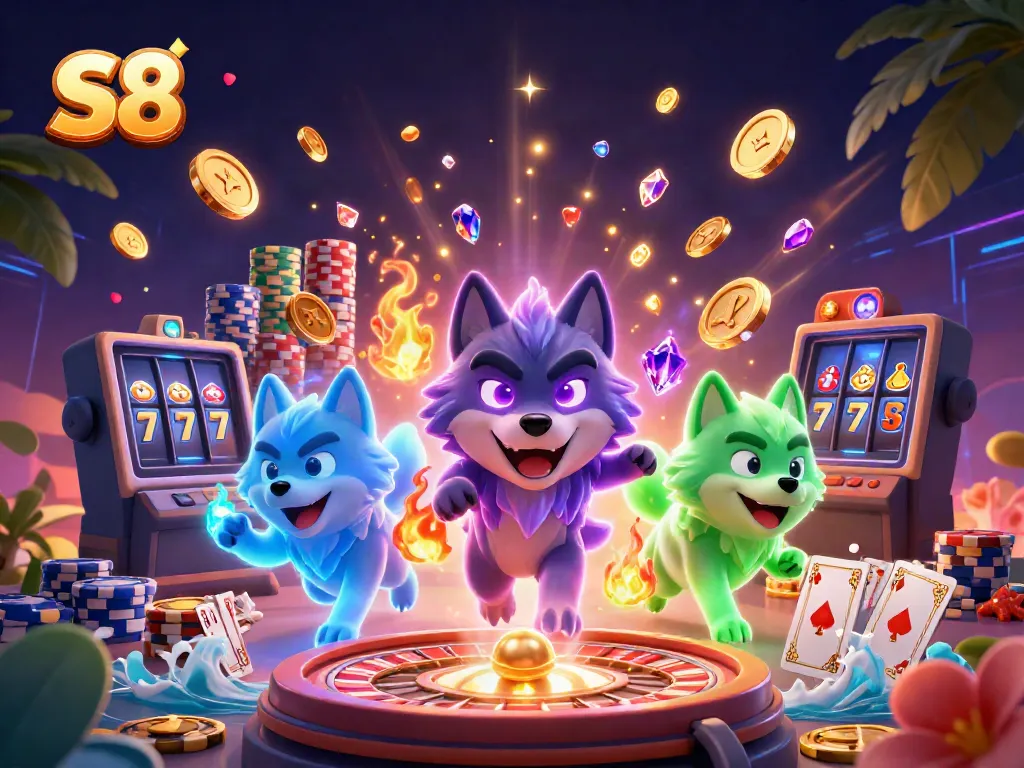 Experience fortune and excitement with S8, highlighted by cascading coins and lively casino elements.