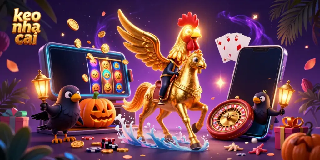 Experience the excitement of keo nha cai with a dynamic casino scene featuring a golden rooster and pumpkin-headed crows.