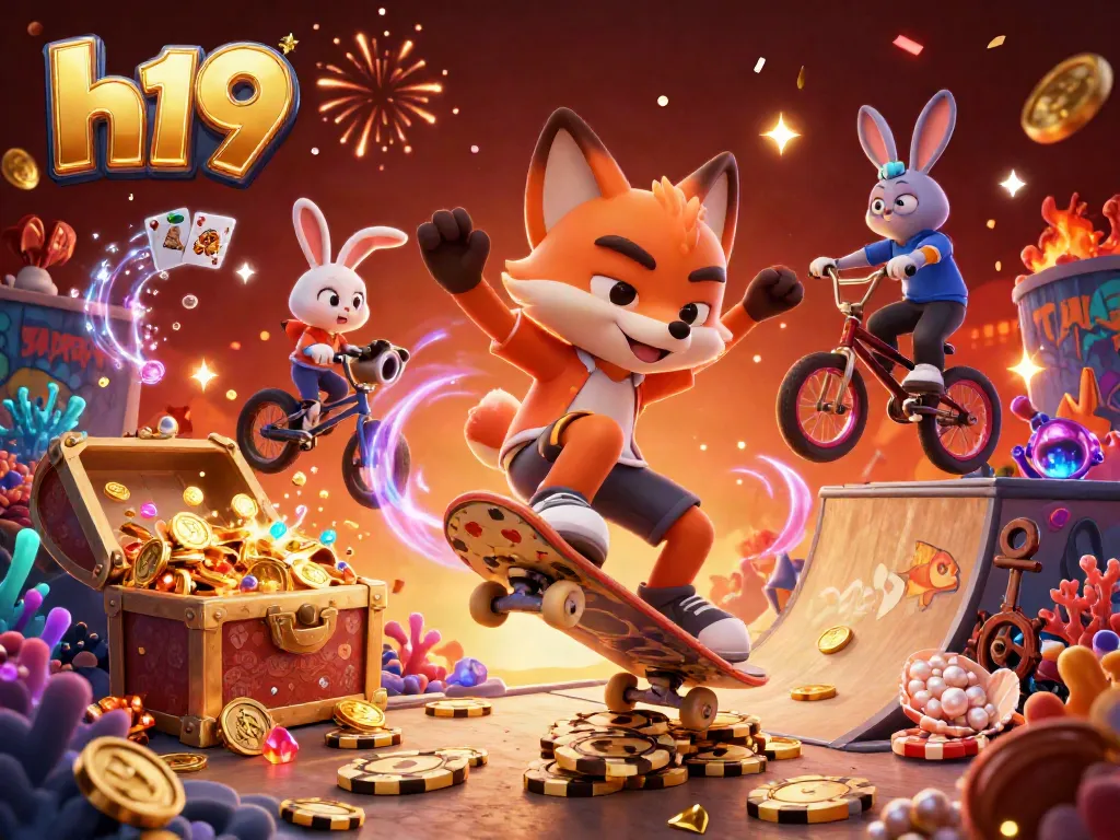 Play thrilling games at h19 with a vibrant 3D casino scene filled with energetic characters.