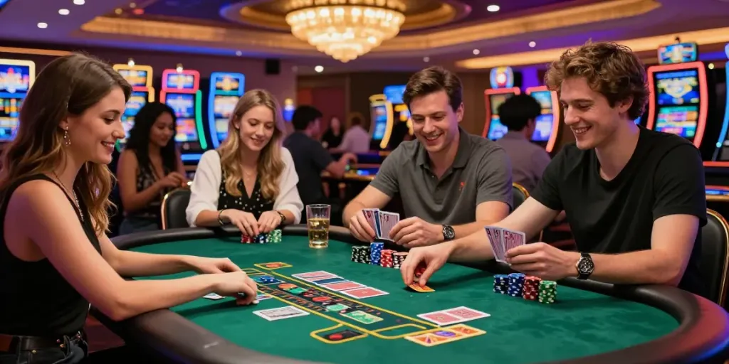 Diverse group enjoying casino gaming at a blackjack table with casino bonus sans depot excitement.